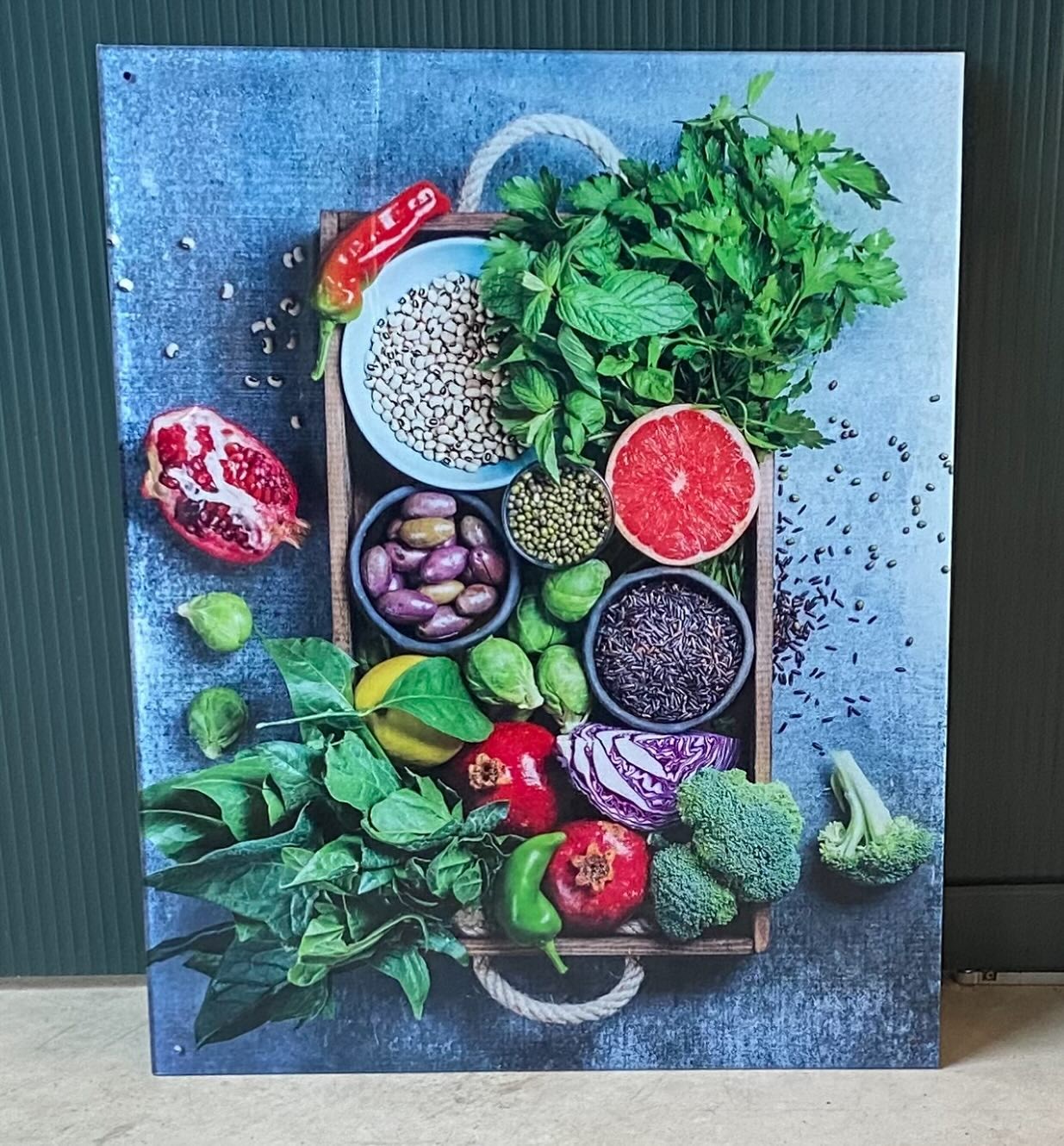 Image printed glass kitchen splashback showing fresh vegetables and spices