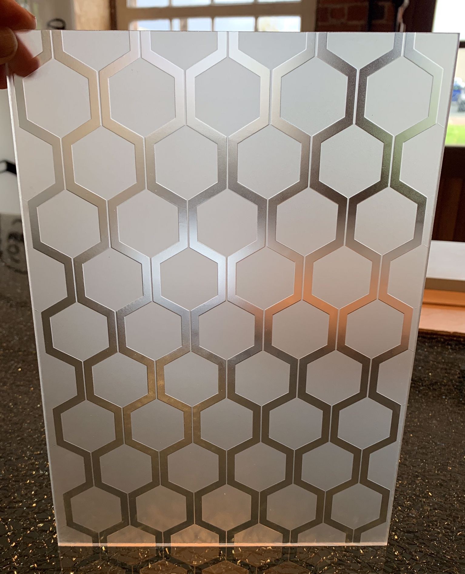 Sandblasted glass panel with a hexagon pattern
